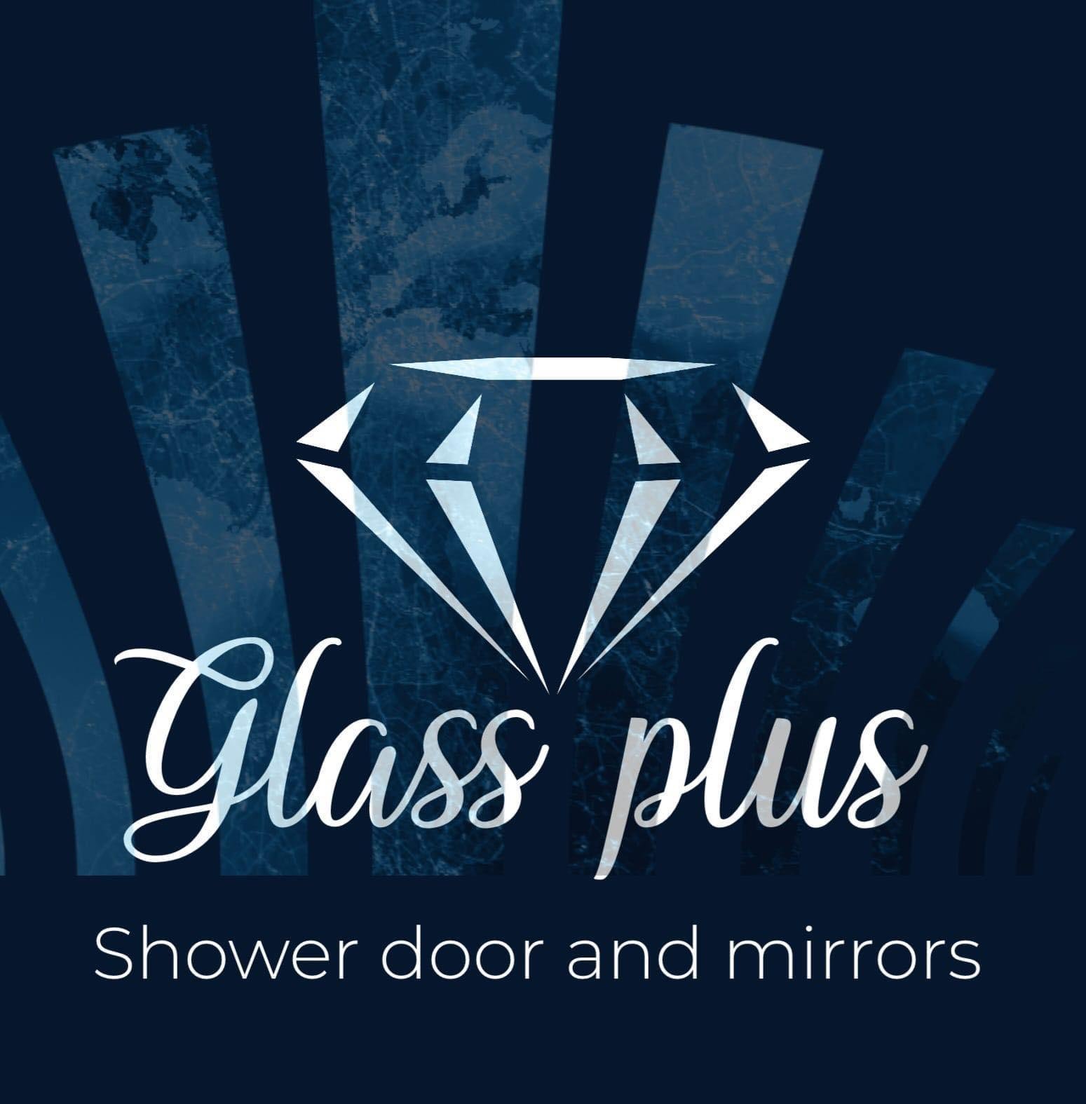 Logo de Glass Plus: diamante sobre fondo azul oscuro, con el texto «Glass plus — Shower door and mirrors»