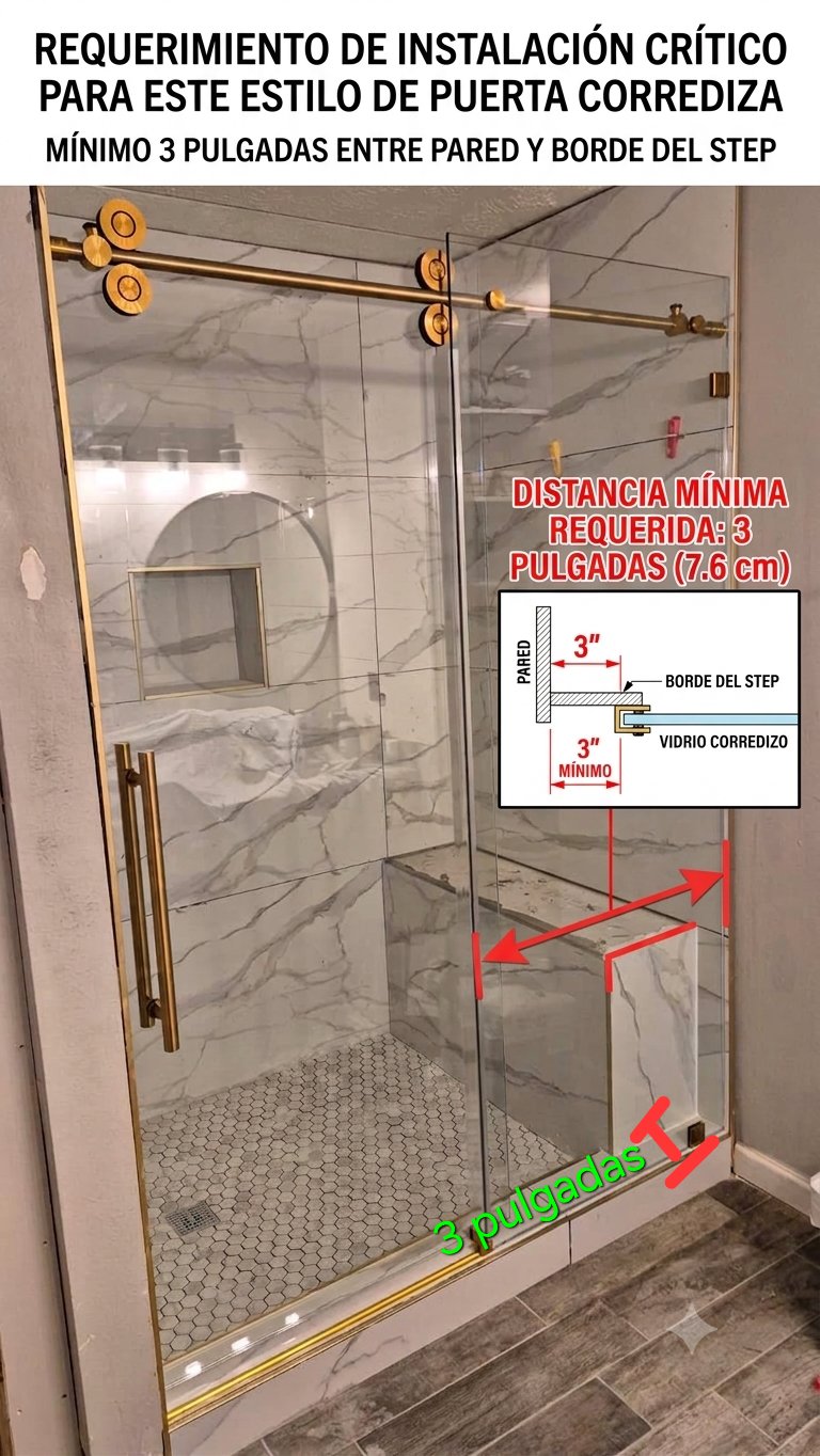 Ficha de Glas Plus: requerimiento de instalación crítico para puerta corrediza — distancia mínima requerida de 3 pulgadas (7.6 cm) entre la pared y el borde del step, con el diagrama de la pared, el borde del step y el vidrio corredizo