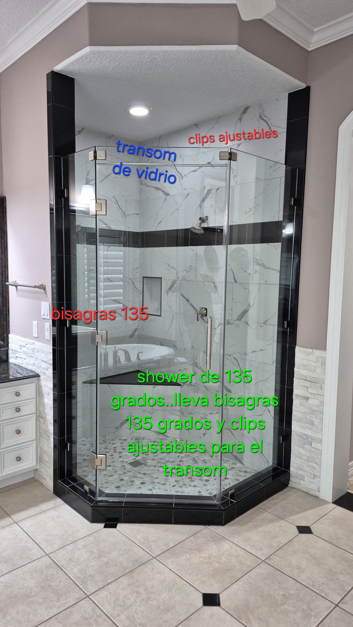 Shower de 135 grados: bisagras 135 y clips ajustables para el transom de vidrio