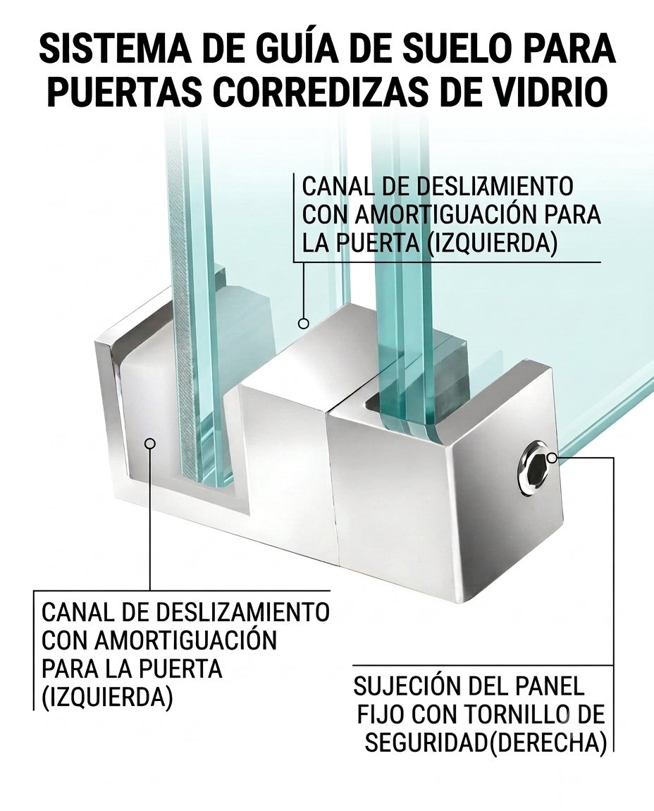 Sistema de guía de suelo para puertas corredizas de vidrio