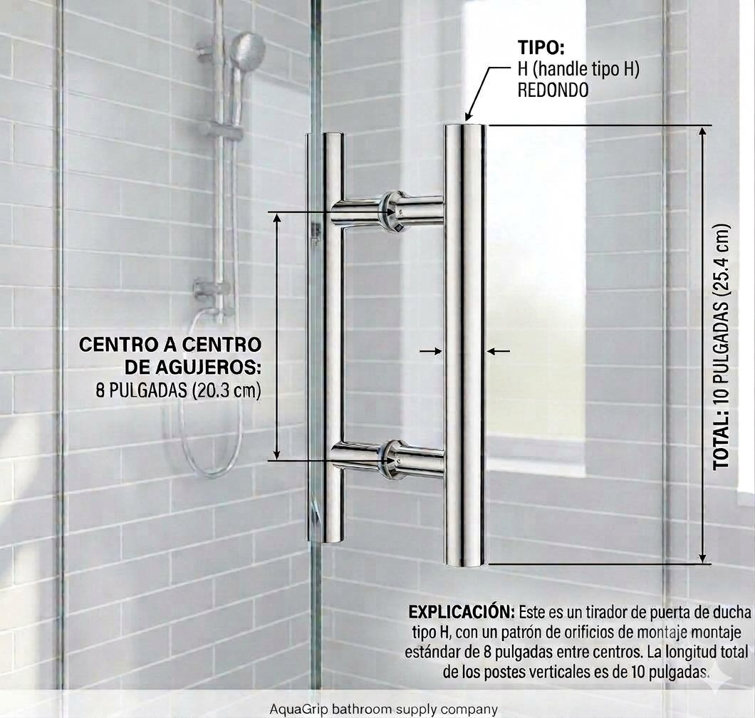 Handle tipo H redondo: centro a centro de 8 pulgadas, largo total 10 pulgadas