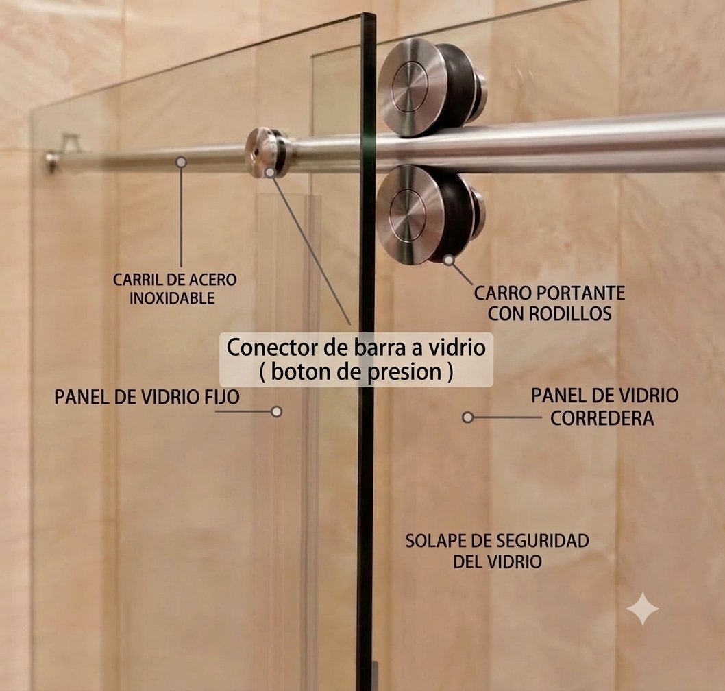 Partes del sistema sliding: carril de acero inoxidable, carro con rodillos y conector de barra a vidrio