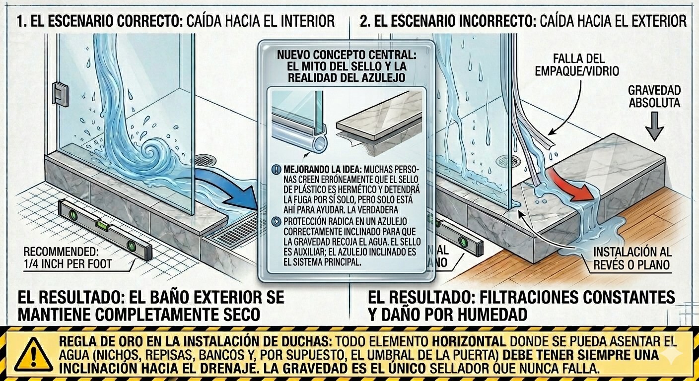 Infografía de Glas Plus sobre la caída correcta del azulejo: a la izquierda, el escenario correcto con la caída hacia el interior y el baño exterior completamente seco; a la derecha, el escenario incorrecto con la caída hacia el exterior, filtraciones constantes y daño por humedad; en el centro, el mito del sello y la realidad del azulejo, y abajo la regla de oro de inclinarse hacia el drenaje, 1/4 de pulgada por pie