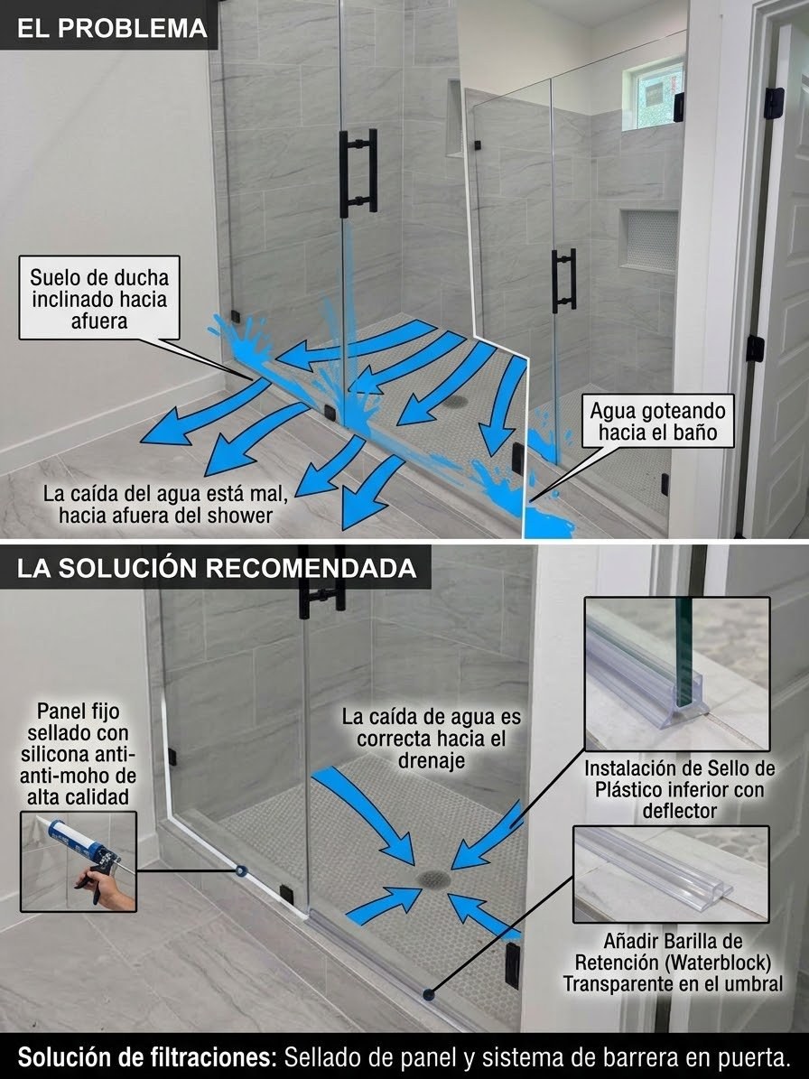 Ficha de Glas Plus, el problema y la solución recomendada contra filtraciones: arriba, un shower con el piso inclinado hacia afuera y el agua goteando hacia el baño; abajo, la solución con el panel fijo sellado con silicona anti-moho, el sello de plástico inferior con deflector y la barilla de retención (waterblock) transparente en el umbral